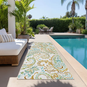 Homeroots 8' Runner Ivory And Gold Paisley Washable Non Skid Indoor Outdoor Runner Rug Ivory Polyester 561420