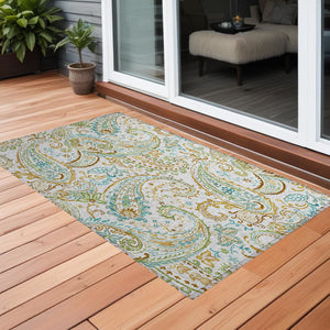 Homeroots 2' Artichoke Green Paisley Washable Indoor-outdoor Runner Rug For Easy Care And Style Ivory Polyester 561422