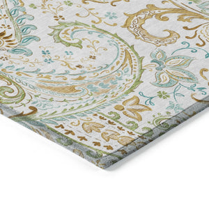 Homeroots 2' Artichoke Green Paisley Washable Indoor-outdoor Runner Rug For Easy Care And Style Ivory Polyester 561422