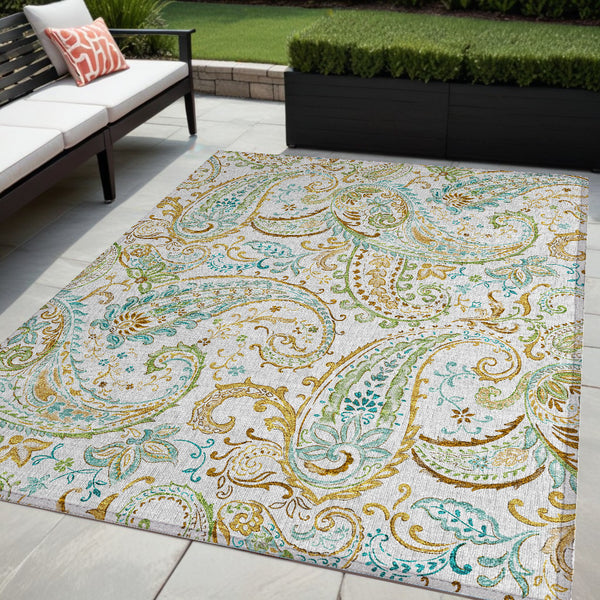 Homeroots 2' Artichoke Green Paisley Washable Indoor-outdoor Runner Rug For Easy Care And Style Ivory Polyester 561423