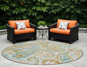 Homeroots 2' Artichoke Green Paisley Washable Indoor-outdoor Runner Rug For Easy Care And Style Ivory Polyester 561424