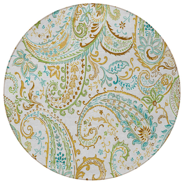 Homeroots 2' Artichoke Green Paisley Washable Indoor-outdoor Runner Rug For Easy Care And Style Ivory Polyester 561424