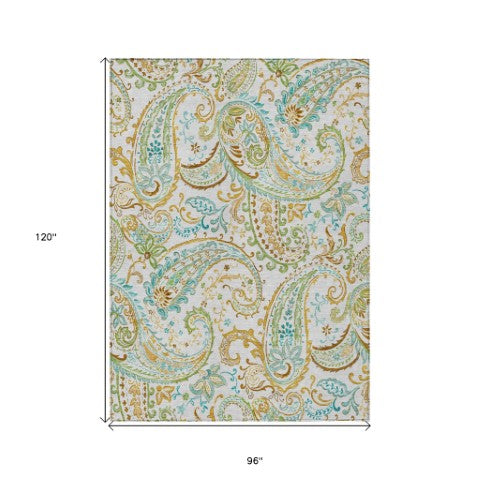Homeroots 2' Artichoke Green Paisley Washable Indoor-outdoor Runner Rug For Easy Care And Style Ivory Polyester 561425