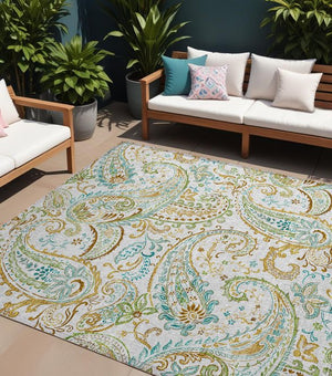 Homeroots 2' Artichoke Green Paisley Washable Indoor-outdoor Runner Rug For Easy Care And Style Ivory Polyester 561425