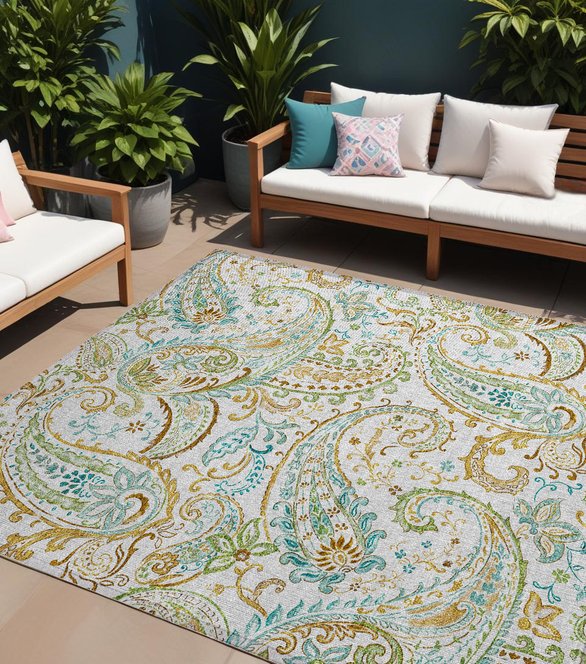 Homeroots 2' Artichoke Green Paisley Washable Indoor-outdoor Runner Rug For Easy Care And Style Ivory Polyester 561425