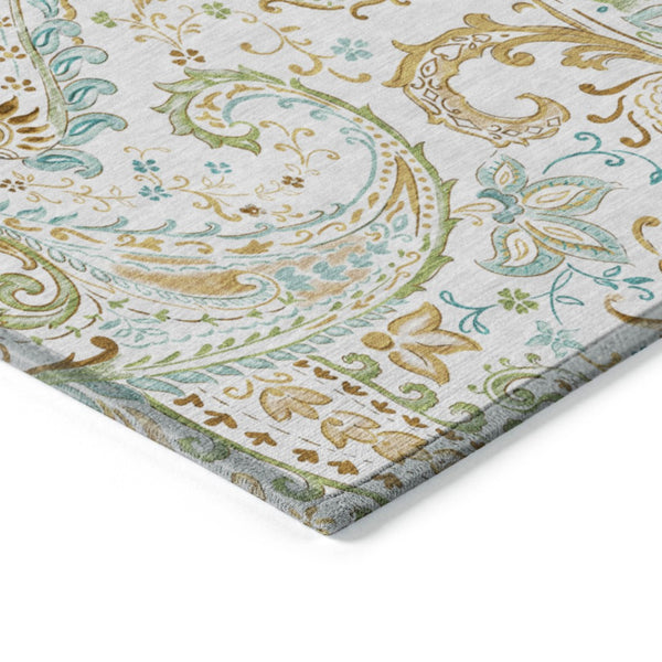 Homeroots 2' Artichoke Green Paisley Washable Indoor-outdoor Runner Rug For Easy Care And Style Ivory Polyester 561427