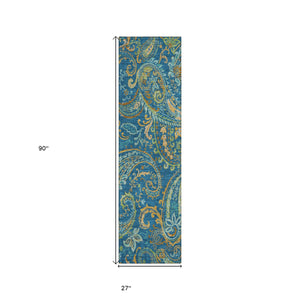 Homeroots 8' Runner Navy Blue Paisley Washable Non Skid Indoor Outdoor Runner Rug Navy Polyester 561429