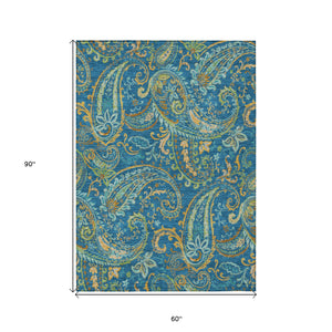 Homeroots 5' X 8' Navy Blue Paisley Washable Non Skid Indoor Outdoor Area Rug Navy Polyester 561432