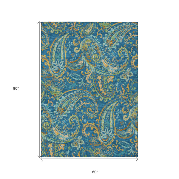Homeroots 5' X 8' Navy Blue Paisley Washable Non Skid Indoor Outdoor Area Rug Navy Polyester 561432