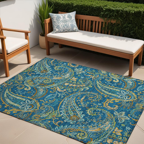 Homeroots 5' X 8' Navy Blue Paisley Washable Non Skid Indoor Outdoor Area Rug Navy Polyester 561432