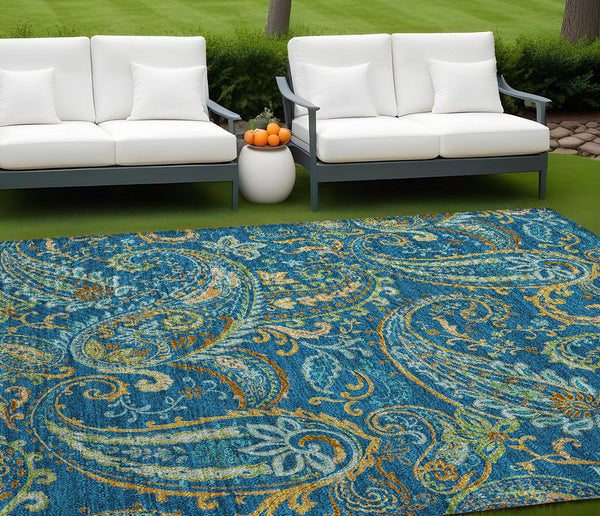 Homeroots 2' Artichoke Green Paisley Washable Indoor-outdoor Runner Rug For Easy Care And Style Navy Polyester 561435