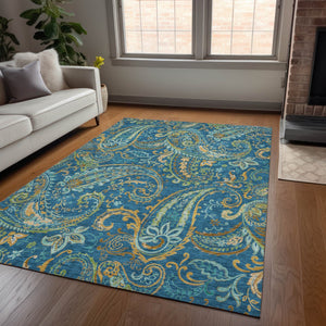 Homeroots 2' Artichoke Green Paisley Washable Indoor-outdoor Runner Rug For Easy Care And Style Navy Polyester 561436