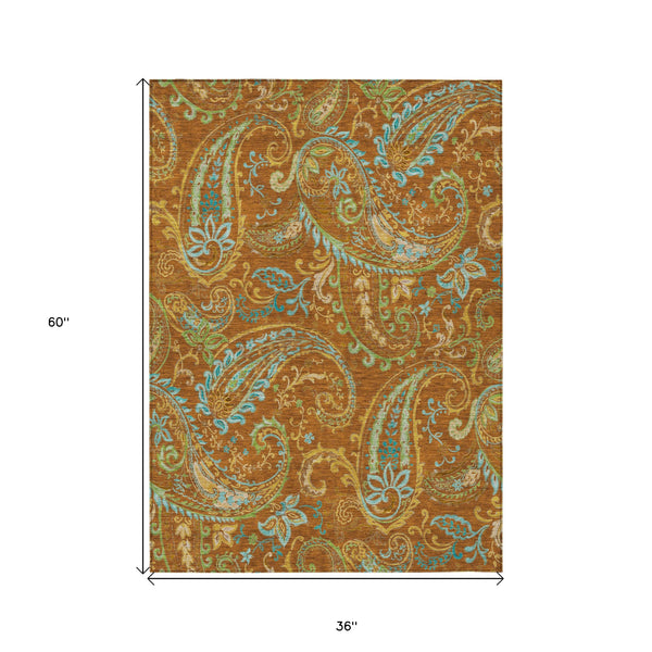 Homeroots 3' X 5' Orange Paisley Washable Non Skid Indoor Outdoor Area Rug Paprika Polyester 561440