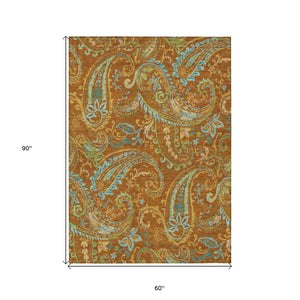 Homeroots 5' X 8' Orange Paisley Washable Non Skid Indoor Outdoor Area Rug Paprika Polyester 561441