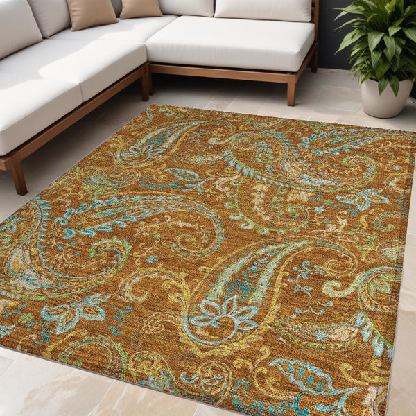 Homeroots 5' X 8' Orange Paisley Washable Non Skid Indoor Outdoor Area Rug Paprika Polyester 561441