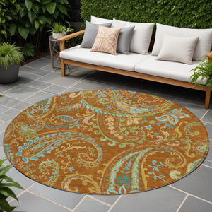 Homeroots 8' Round Orange Round Paisley Washable Non Skid Indoor Outdoor Area Rug Paprika Polyester 561442