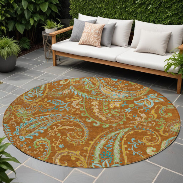 Homeroots 8' Round Orange Round Paisley Washable Non Skid Indoor Outdoor Area Rug Paprika Polyester 561442