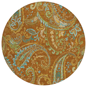 Homeroots 8' Round Orange Round Paisley Washable Non Skid Indoor Outdoor Area Rug Paprika Polyester 561442