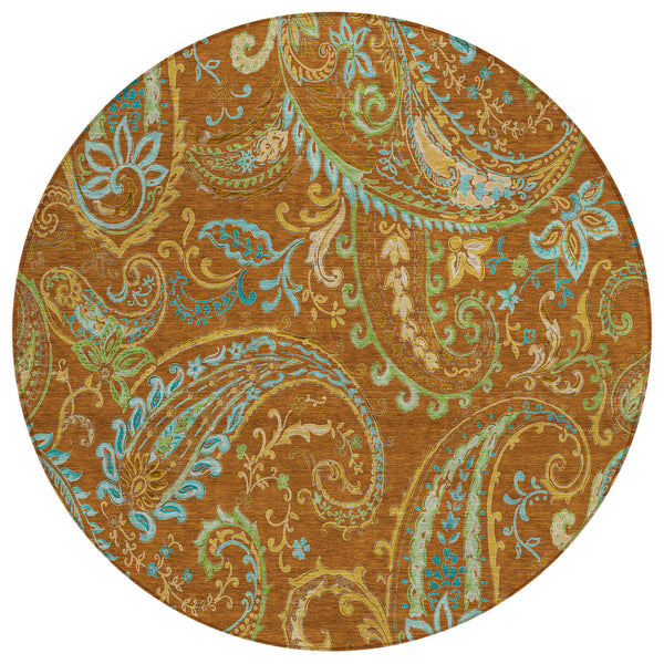 Homeroots 8' Round Orange Round Paisley Washable Non Skid Indoor Outdoor Area Rug Paprika Polyester 561442