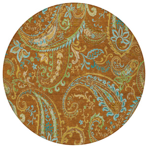 Homeroots 8' Round Orange Round Paisley Washable Non Skid Indoor Outdoor Area Rug Paprika Polyester 561442