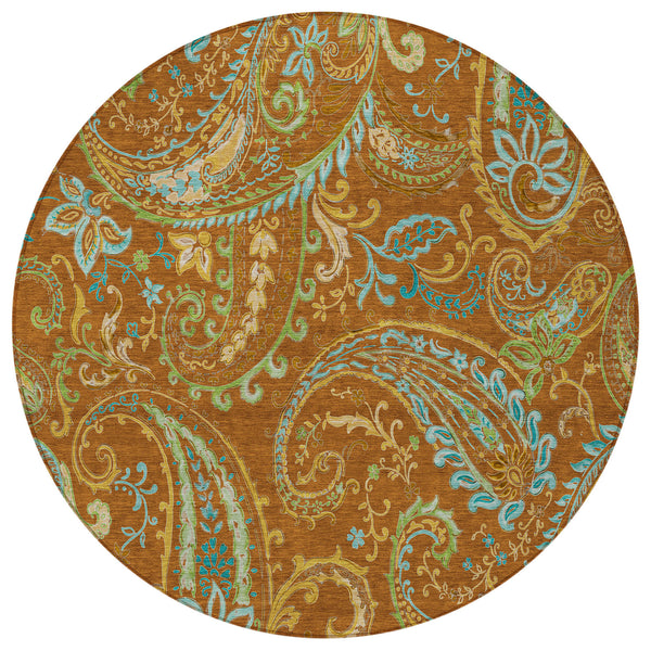 Homeroots 8' Round Orange Round Paisley Washable Non Skid Indoor Outdoor Area Rug Paprika Polyester 561442