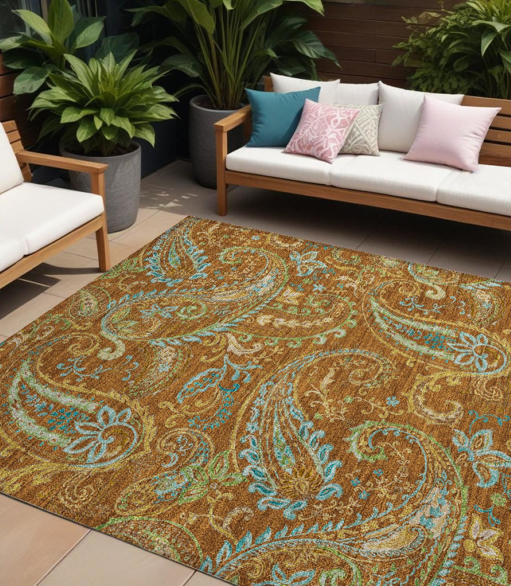 HomeRoots 5' Stylish Paisley Area Rug - Washable, Durable, UV-Resistant for Indoor & Outdoor Spaces Paprika 561444