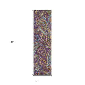 Homeroots 8' Runner Purple Paisley Washable Non Skid Indoor Outdoor Runner Rug Purple Polyester 561447