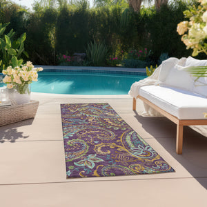 Homeroots 8' Runner Purple Paisley Washable Non Skid Indoor Outdoor Runner Rug Purple Polyester 561447