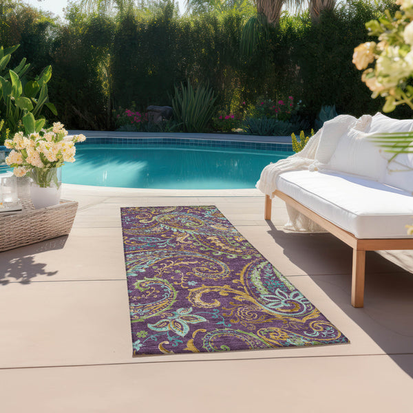 Homeroots 8' Runner Purple Paisley Washable Non Skid Indoor Outdoor Runner Rug Purple Polyester 561447