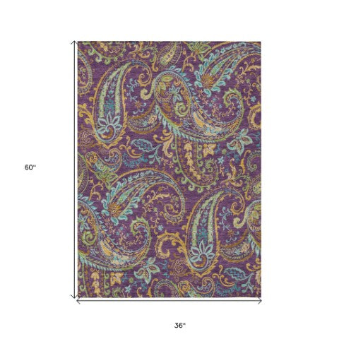 Homeroots 2' Artichoke Green Paisley Washable Indoor-outdoor Runner Rug For Easy Care And Style Purple Polyester 561449