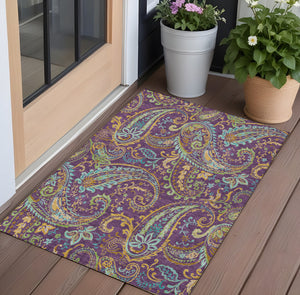 Homeroots 2' Artichoke Green Paisley Washable Indoor-outdoor Runner Rug For Easy Care And Style Purple Polyester 561449