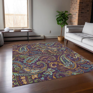 Homeroots 2' Artichoke Green Paisley Washable Indoor-outdoor Runner Rug For Easy Care And Style Purple Polyester 561450