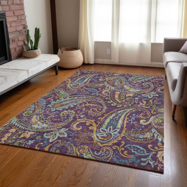 Homeroots 2' Artichoke Green Paisley Washable Indoor-outdoor Runner Rug For Easy Care And Style Purple Polyester 561450