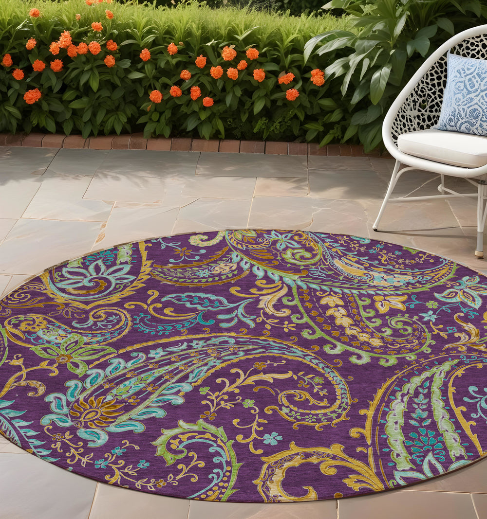 Homeroots 8' X 8' Purple Turquoise And Gold Round Paisley Washable Non Skid Indoor Outdoor Area Rug Purple Polyester 561451
