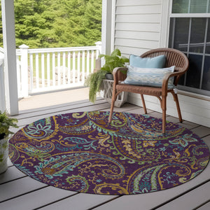Homeroots 8' X 8' Purple Turquoise And Gold Round Paisley Washable Non Skid Indoor Outdoor Area Rug Purple Polyester 561451
