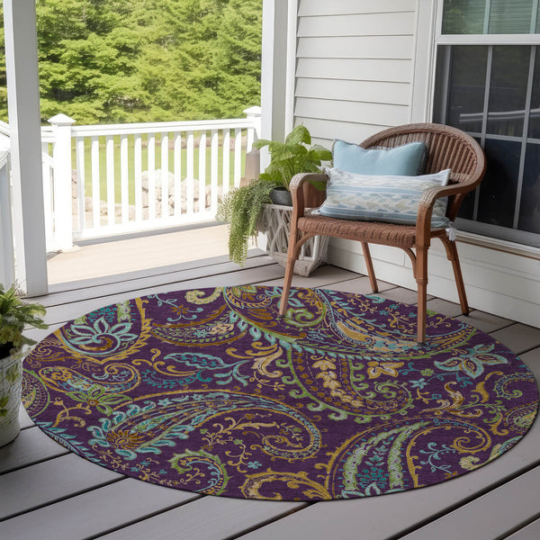 Homeroots 8' X 8' Purple Turquoise And Gold Round Paisley Washable Non Skid Indoor Outdoor Area Rug Purple Polyester 561451