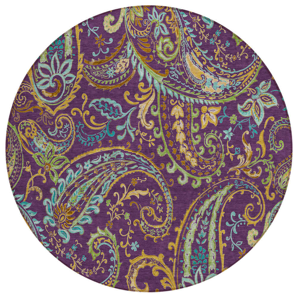 Homeroots 8' X 8' Purple Turquoise And Gold Round Paisley Washable Non Skid Indoor Outdoor Area Rug Purple Polyester 561451