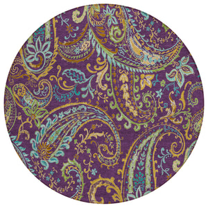 Homeroots 8' X 8' Purple Turquoise And Gold Round Paisley Washable Non Skid Indoor Outdoor Area Rug Purple Polyester 561451