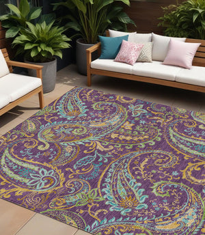 Homeroots 2' Artichoke Green Paisley Washable Indoor-outdoor Runner Rug For Easy Care And Style Purple Polyester 561452