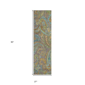 Homeroots 2' Artichoke Green Paisley Washable Indoor-outdoor Runner Rug For Easy Care And Style Taupe Polyester 561456