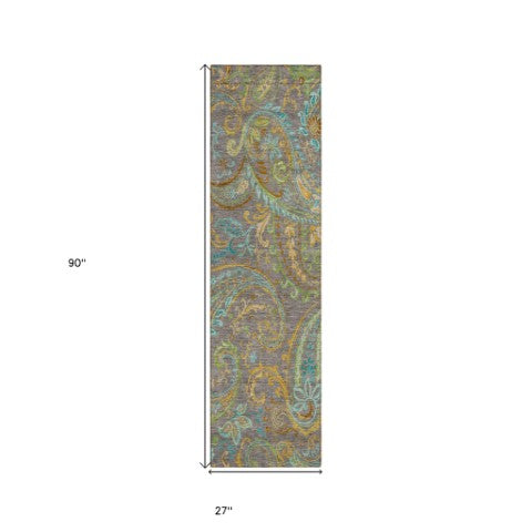 Homeroots 2' Artichoke Green Paisley Washable Indoor-outdoor Runner Rug For Easy Care And Style Taupe Polyester 561456