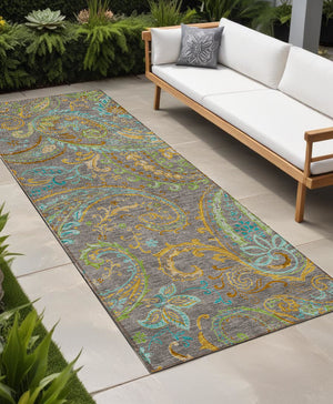 Homeroots 2' Artichoke Green Paisley Washable Indoor-outdoor Runner Rug For Easy Care And Style Taupe Polyester 561456