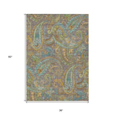 Homeroots 2' Artichoke Green Paisley Washable Indoor-outdoor Runner Rug For Easy Care And Style Taupe Polyester 561458