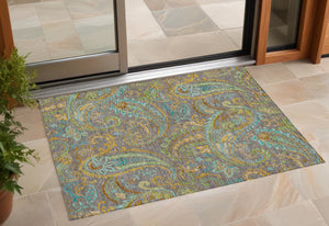 Homeroots 2' Artichoke Green Paisley Washable Indoor-outdoor Runner Rug For Easy Care And Style Taupe Polyester 561458