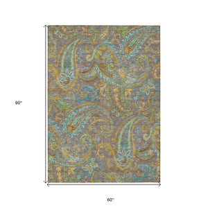 Homeroots 5' X 8' Taupe Paisley Washable Non Skid Indoor Outdoor Area Rug Taupe Polyester 561459