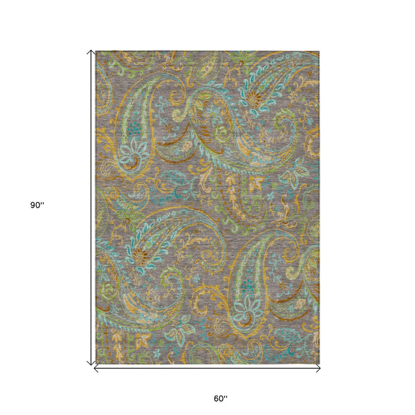 Homeroots 5' X 8' Taupe Paisley Washable Non Skid Indoor Outdoor Area Rug Taupe Polyester 561459