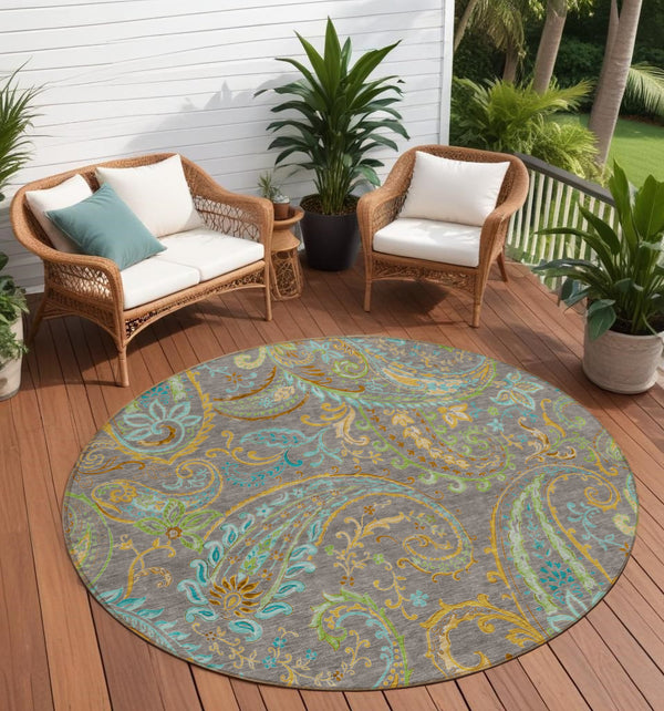 Homeroots 2' Artichoke Green Paisley Washable Indoor-outdoor Runner Rug For Easy Care And Style Taupe Polyester 561460