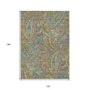 Homeroots 2' Artichoke Green Paisley Washable Indoor-outdoor Runner Rug For Easy Care And Style Taupe Polyester 561463