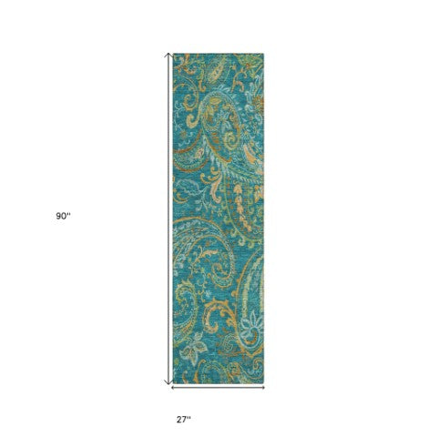 Homeroots 2' Artichoke Green Paisley Washable Indoor-outdoor Runner Rug For Easy Care And Style Teal Polyester 561465