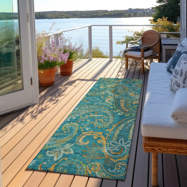 Homeroots 2' Artichoke Green Paisley Washable Indoor-outdoor Runner Rug For Easy Care And Style Teal Polyester 561465